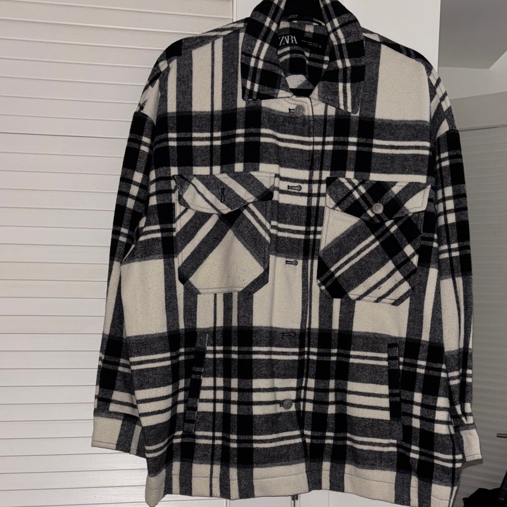 Zara womens Monochrome Checkered Shirt Jacket